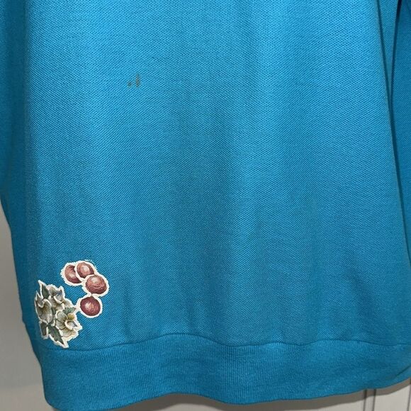 Vintage 80s Chesterfield Teal Blue Short Sleeve Knit Top with floral embossing - Picture 3 of 9